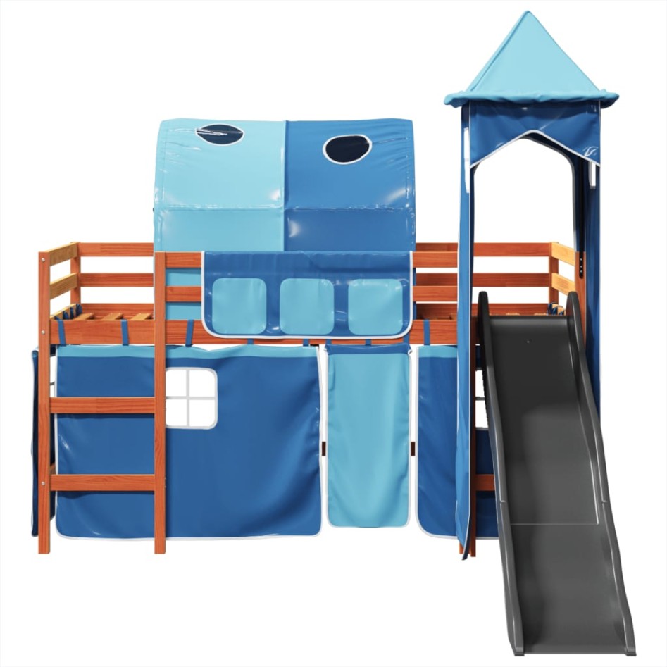 Cama alta para niños con torre madera pino azul 90x200