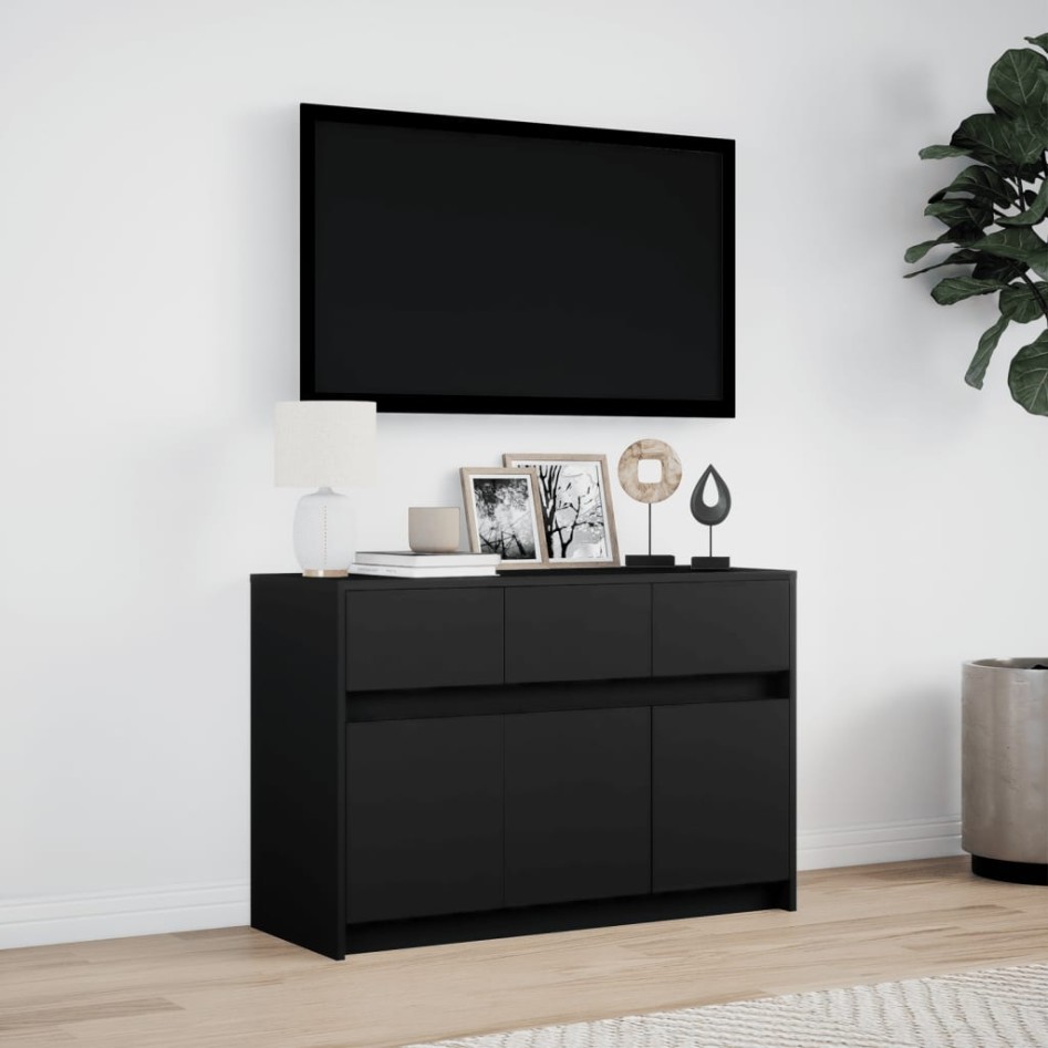 Mueble de TV con LED madera de ingeniería negro 91x34x61