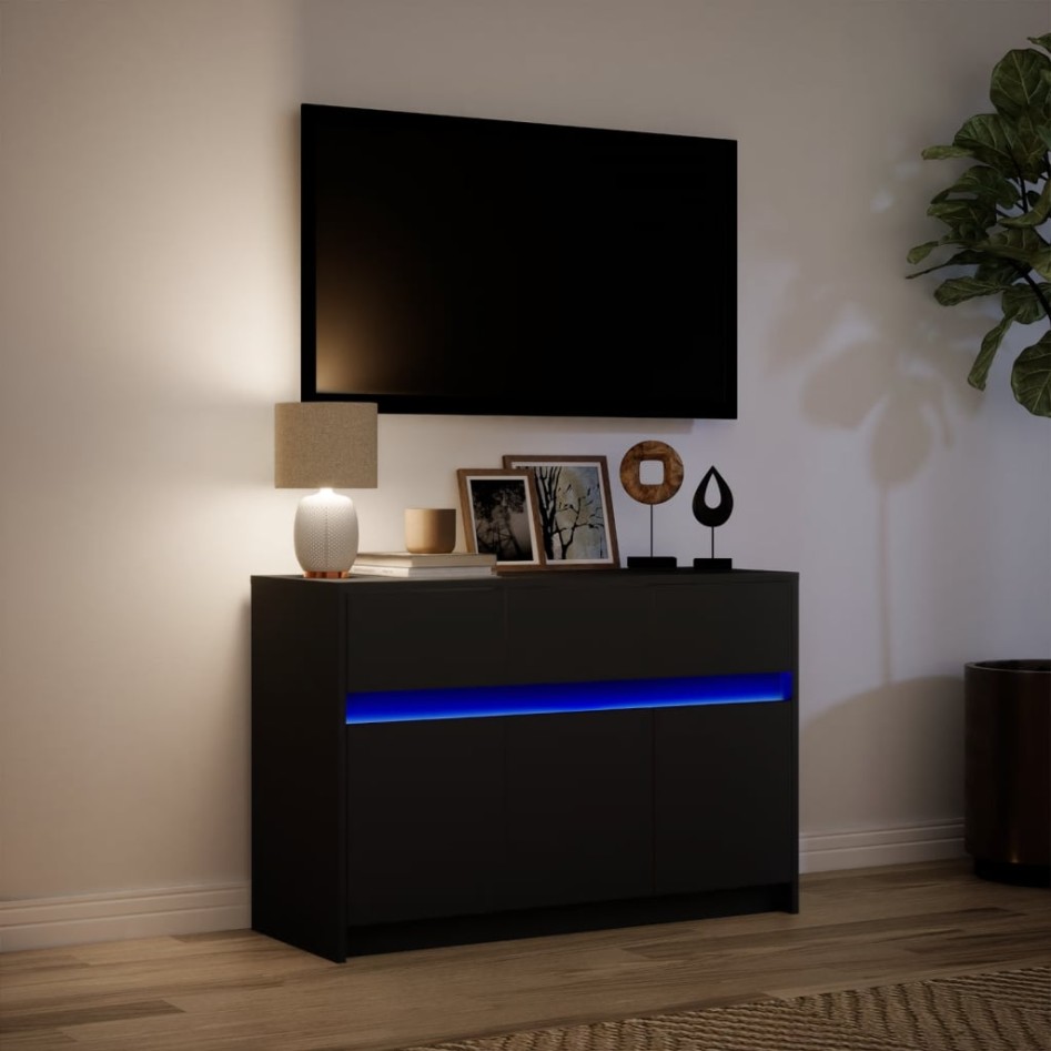 Mueble de TV con LED madera de ingeniería negro 91x34x61