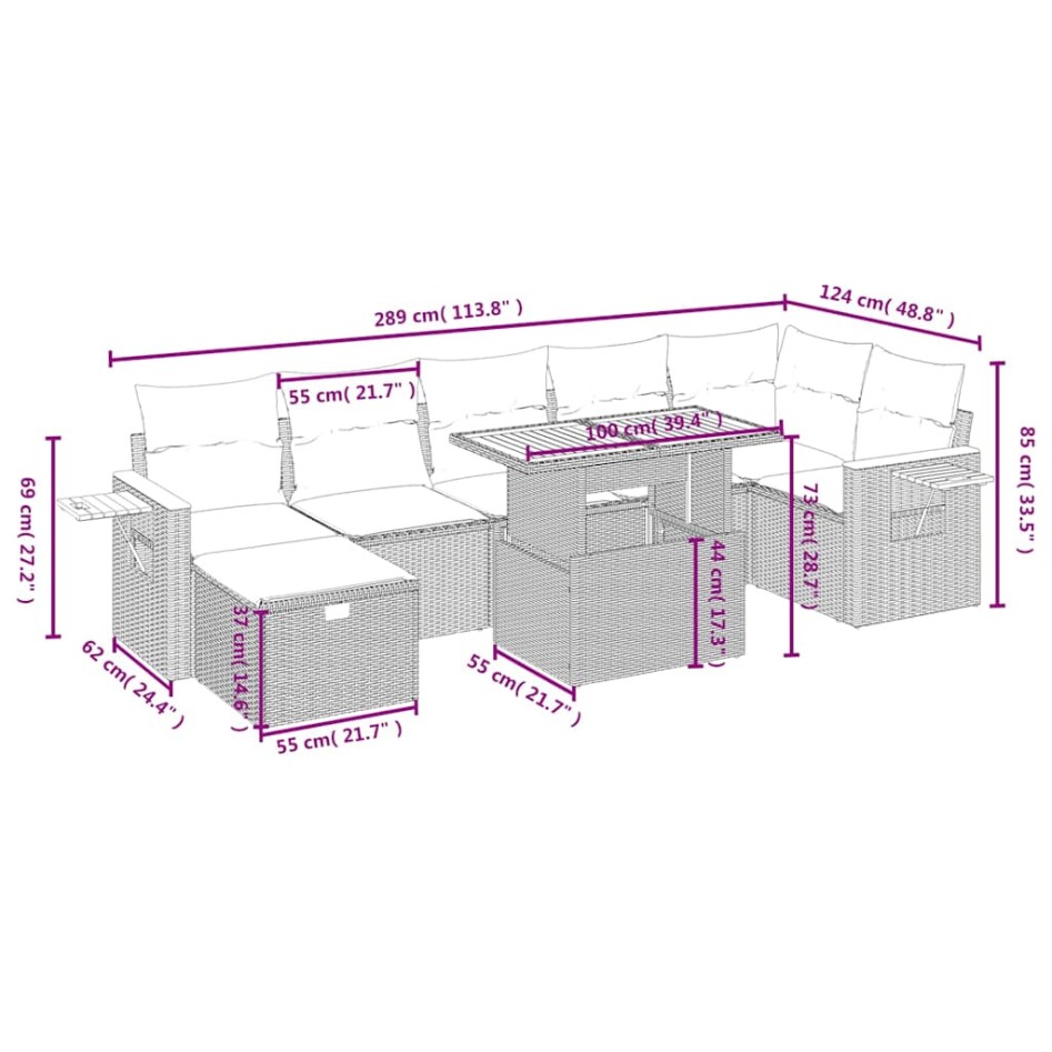 Set de sofás de jardín 8 piezas y cojines ratán sintético