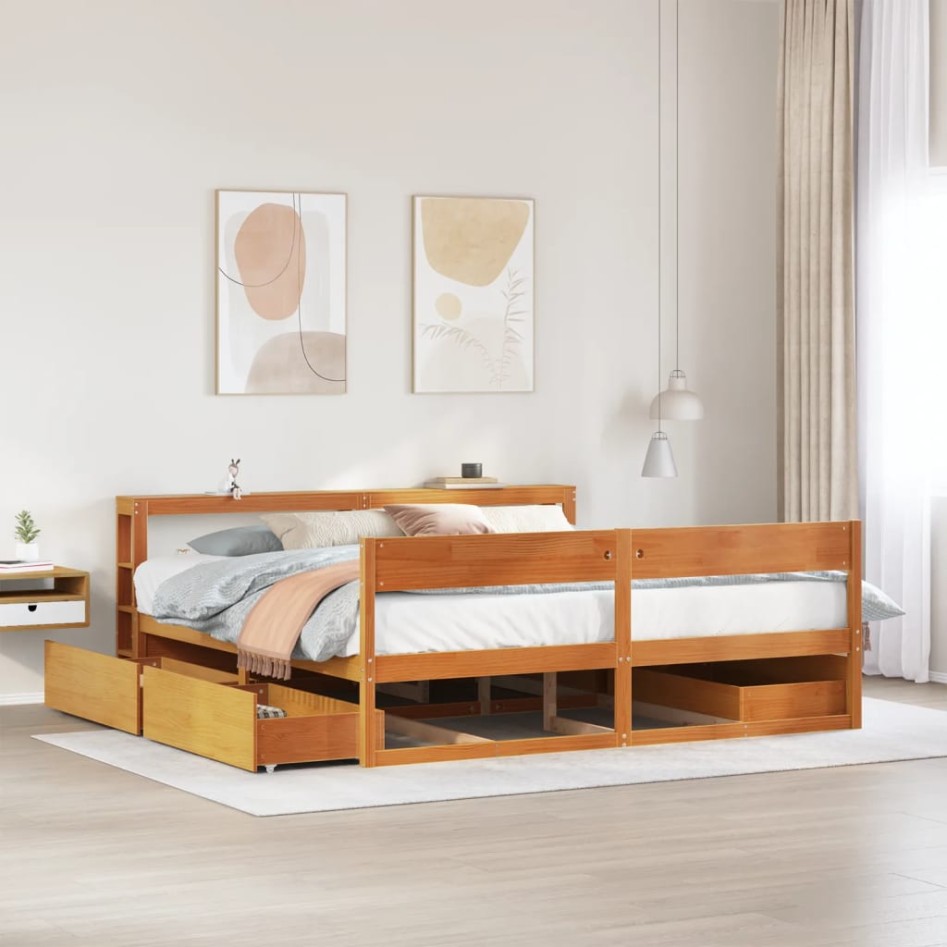 Cama sin colchón madera maciza de pino marrón cera 180x200
