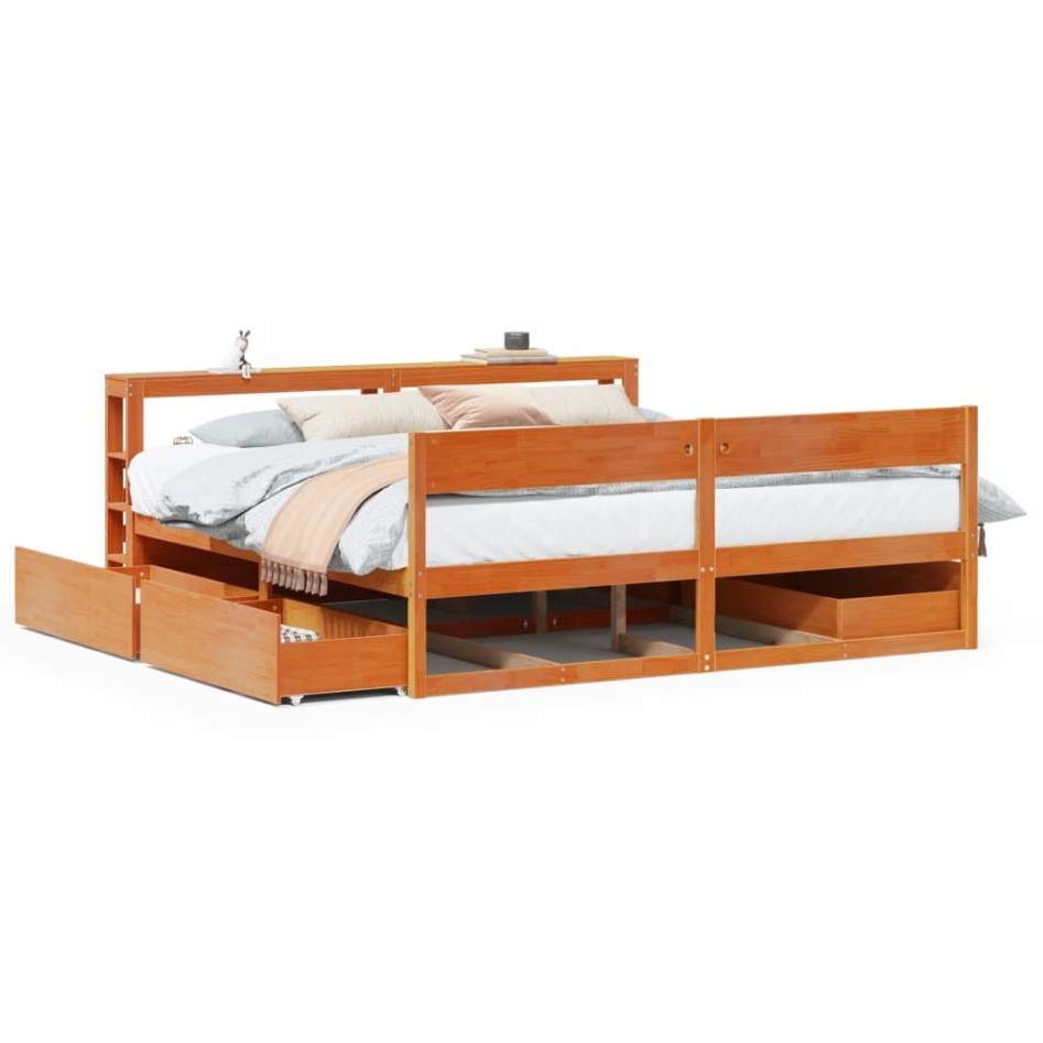 Cama sin colchón madera maciza de pino marrón cera 180x200