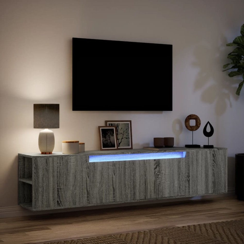 Mueble de TV de pared con luz LED gris Sonoma 180x31x39,5