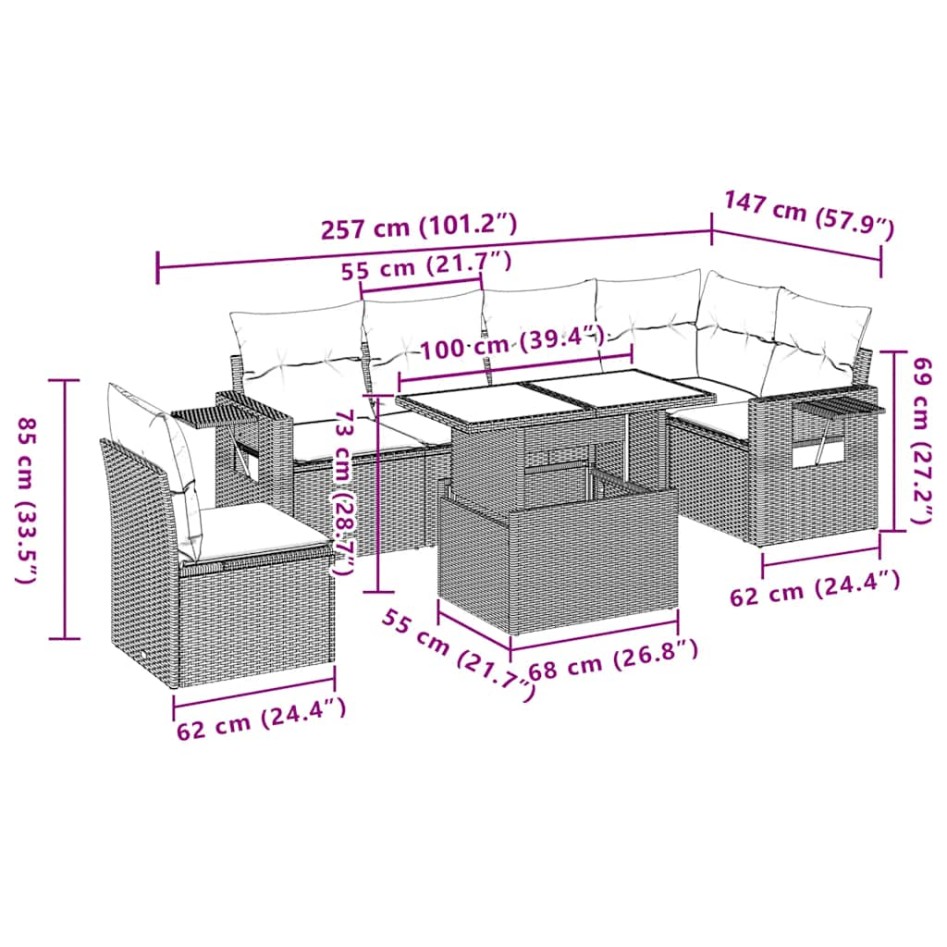 Set de sofás de jardín 7 pzas con cojines ratán PE gris
