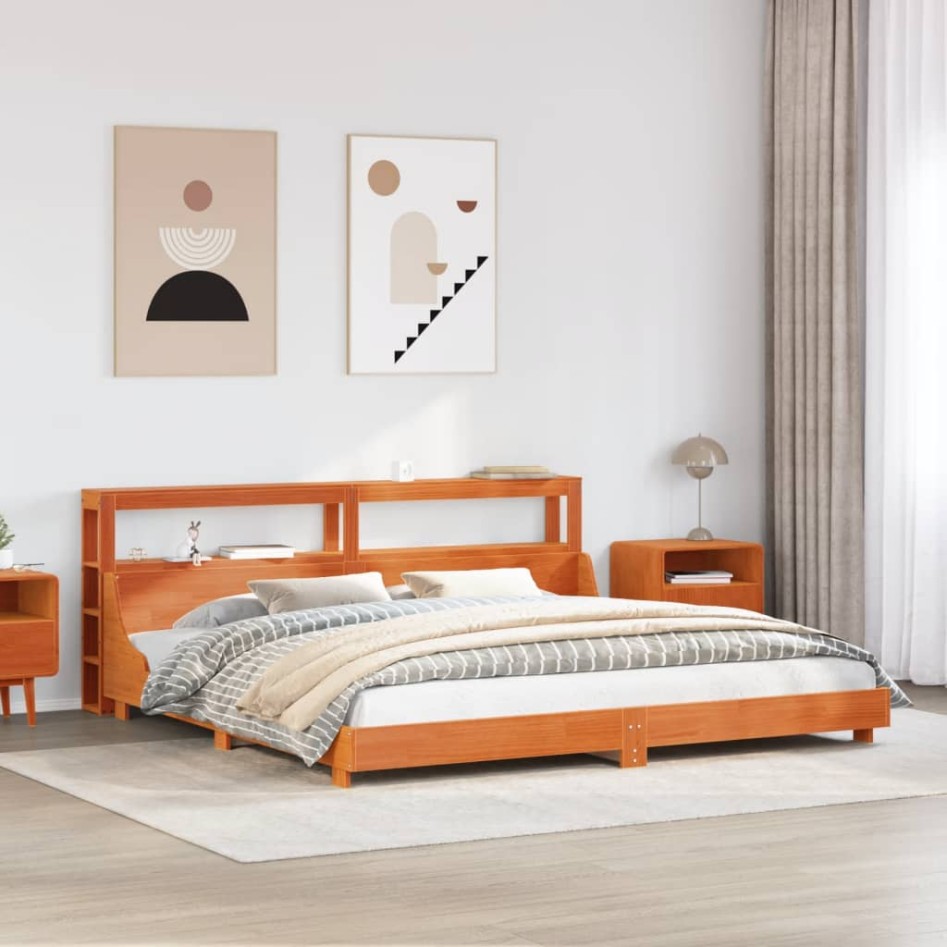 Cama sin colchón madera maciza de pino marrón cera 180x200