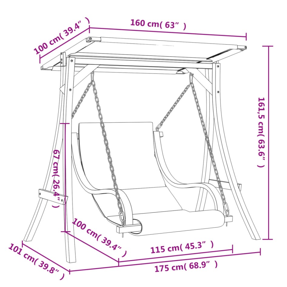 Columpio con cojín y toldo madera maciza de