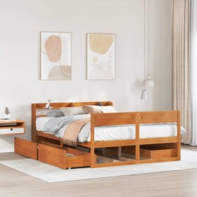 Cama sin colchón madera maciza de pino marrón cera 120x200