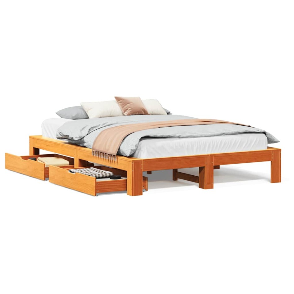 Cama sin colchón madera maciza pino marrón cera 150x200