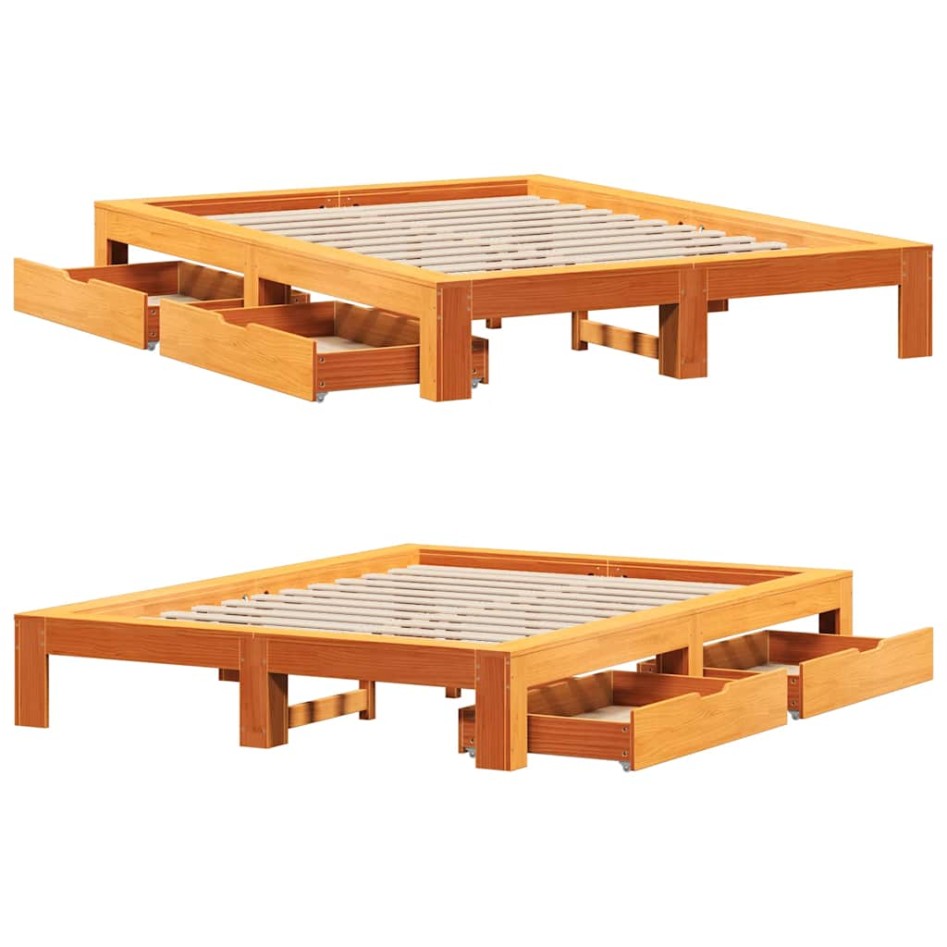 Cama sin colchón madera maciza pino marrón cera 150x200