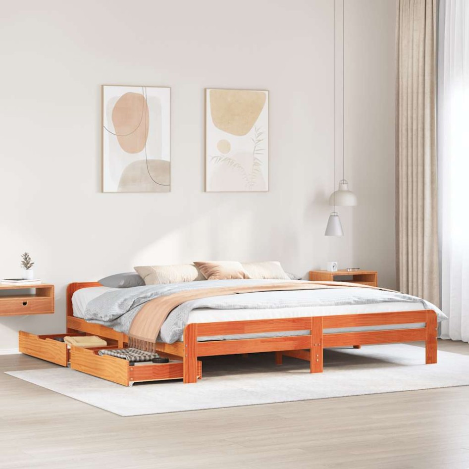 Cama sin colchón madera maciza de pino marrón cera 180x200