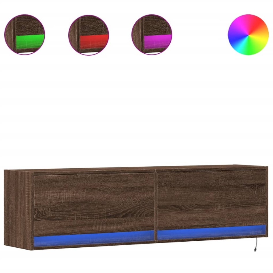 Mueble de TV de pared con luces LED marrón roble 140x31x38