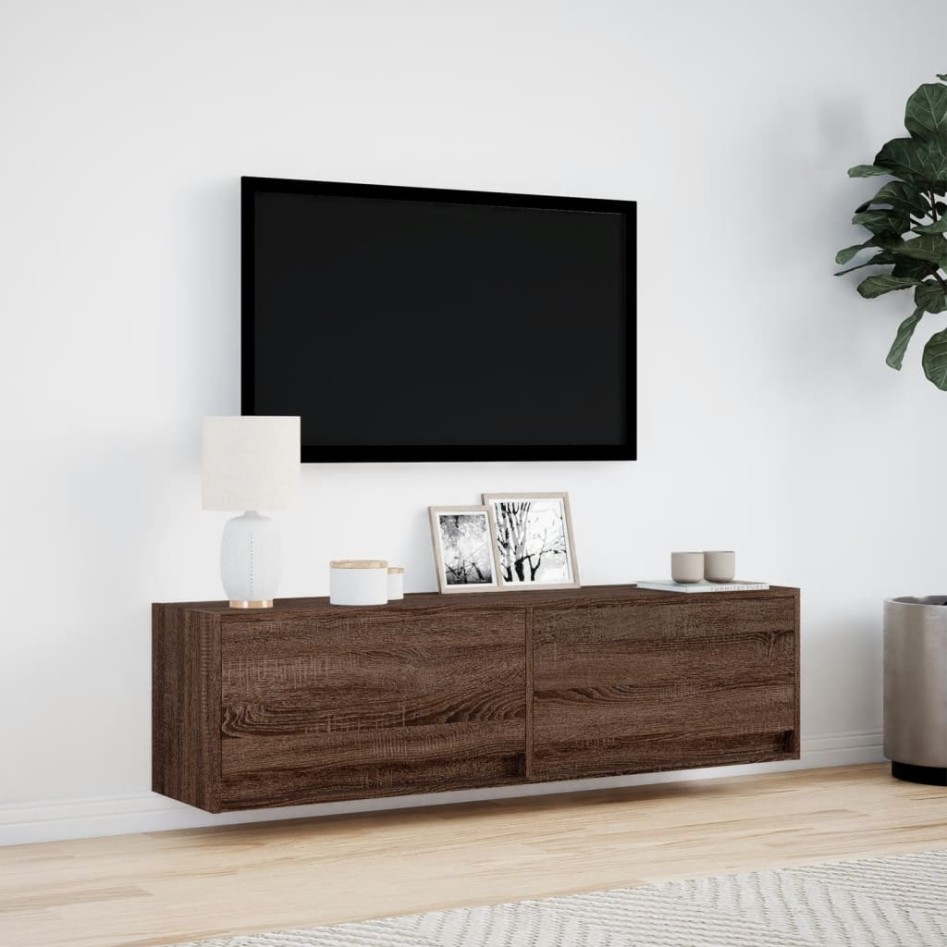 Mueble de TV de pared con luces LED marrón roble 140x31x38