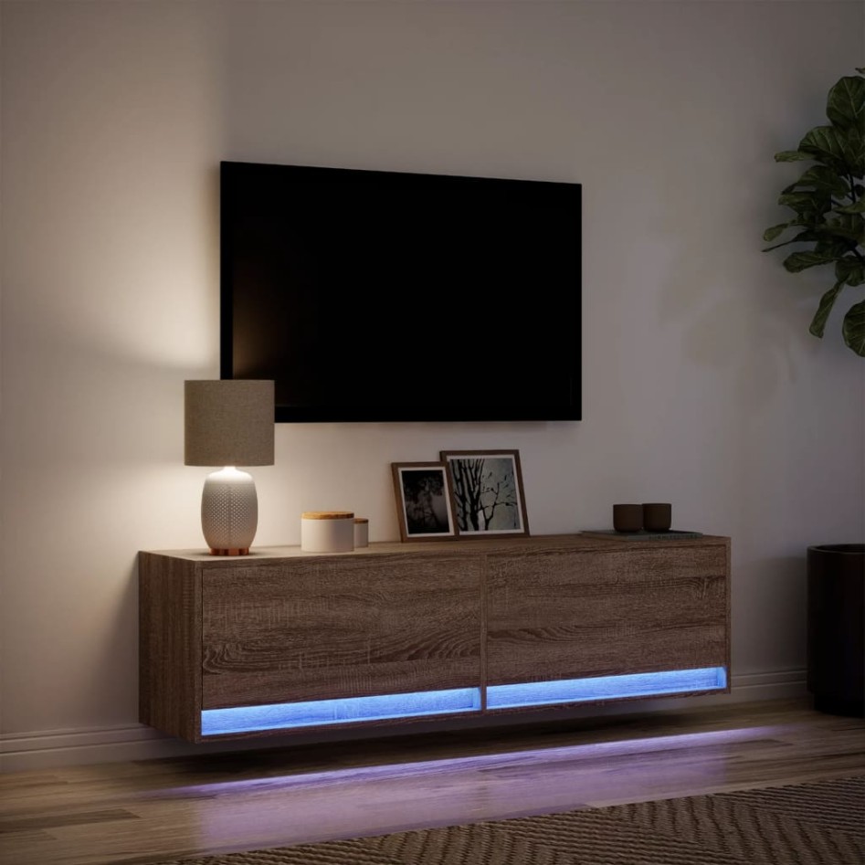 Mueble de TV de pared con luces LED marrón roble 140x31x38