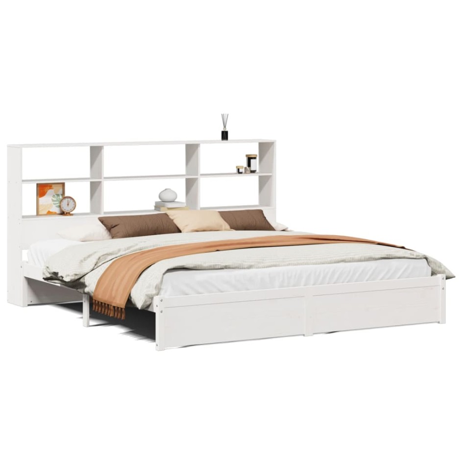Cama con estantería sin colchón madera maciza blanca 200x200
