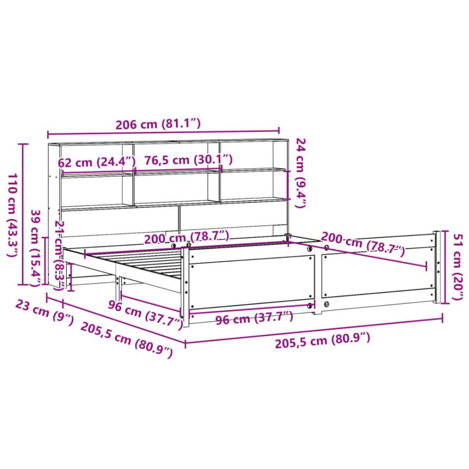 Cama con estantería sin colchón madera maciza blanca 200x200