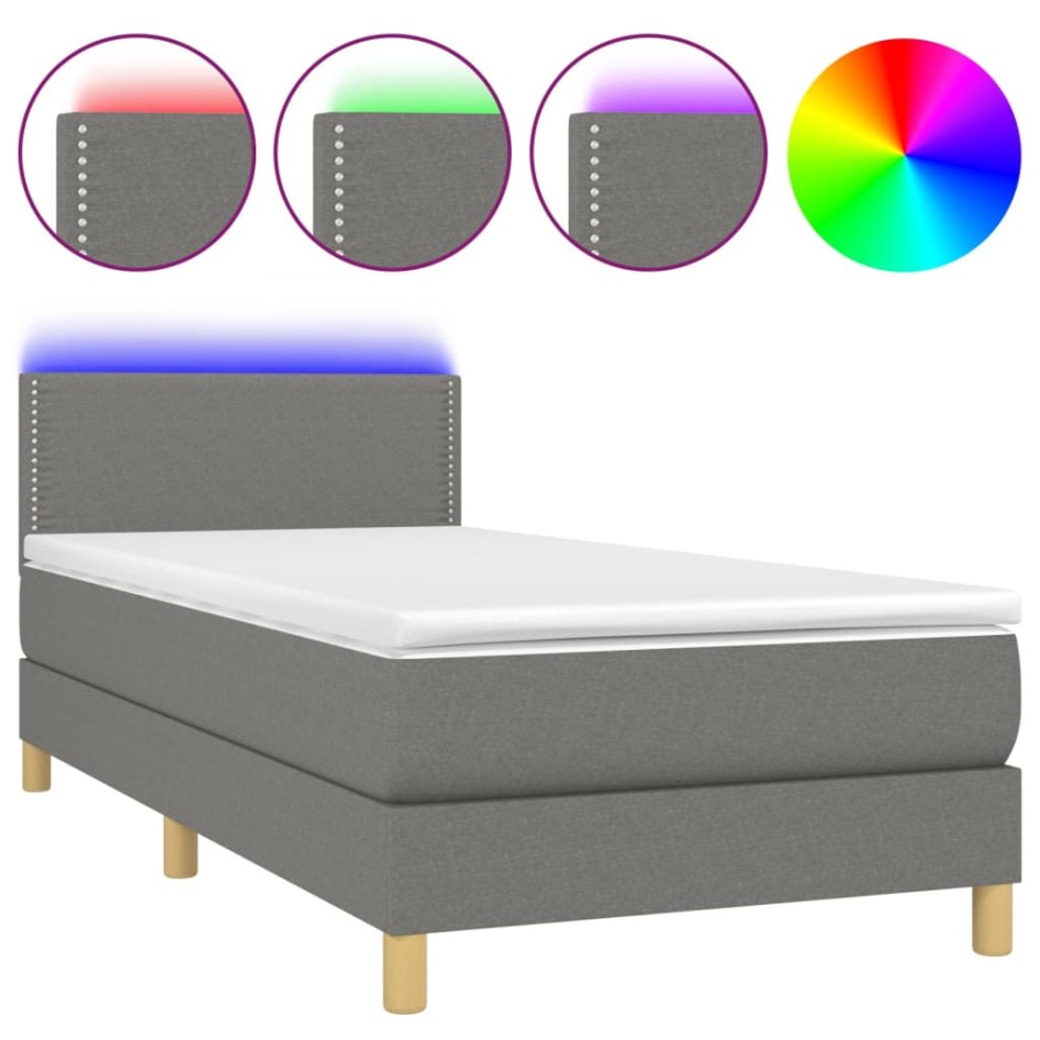Cama box spring con colchón y LED tela gris oscuro 100x200