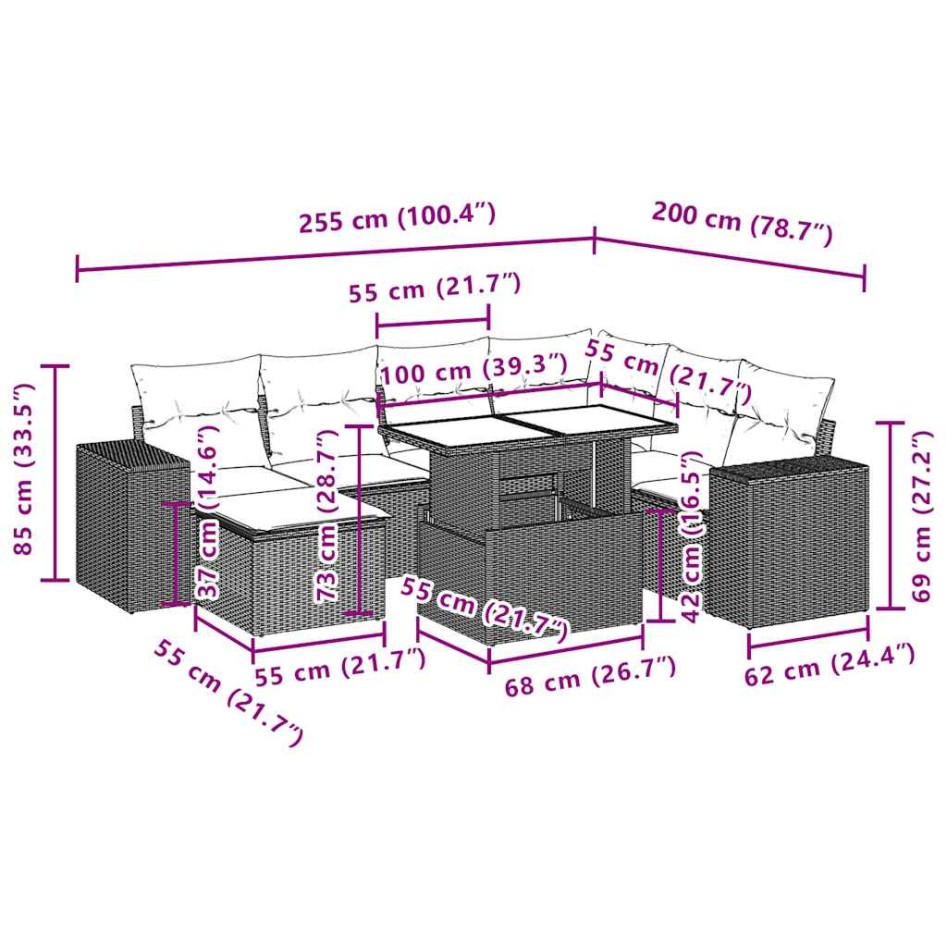 Set sofás de jardín 8 piezas y cojines ratán sintético