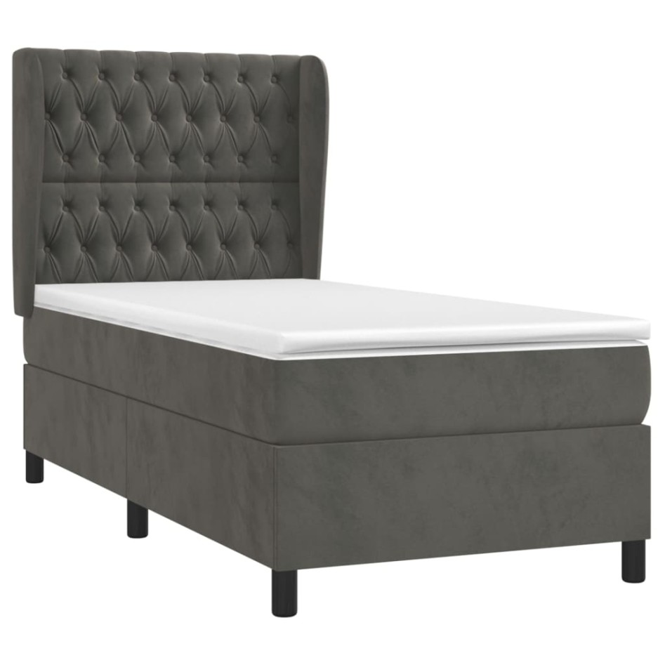 Cama box spring con colchón terciopelo gris oscuro 90x200