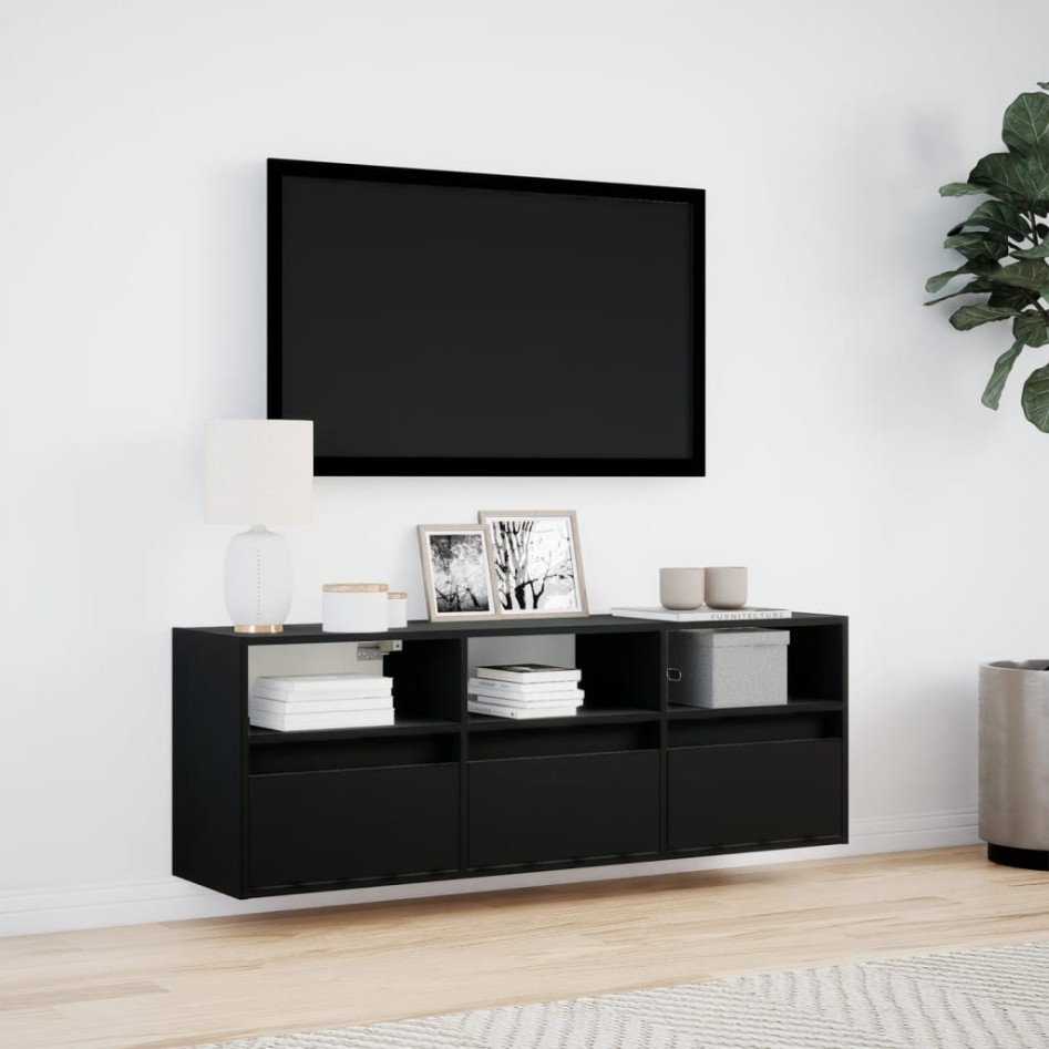 Mueble de TV de pared con luces LED negro 130x31x45