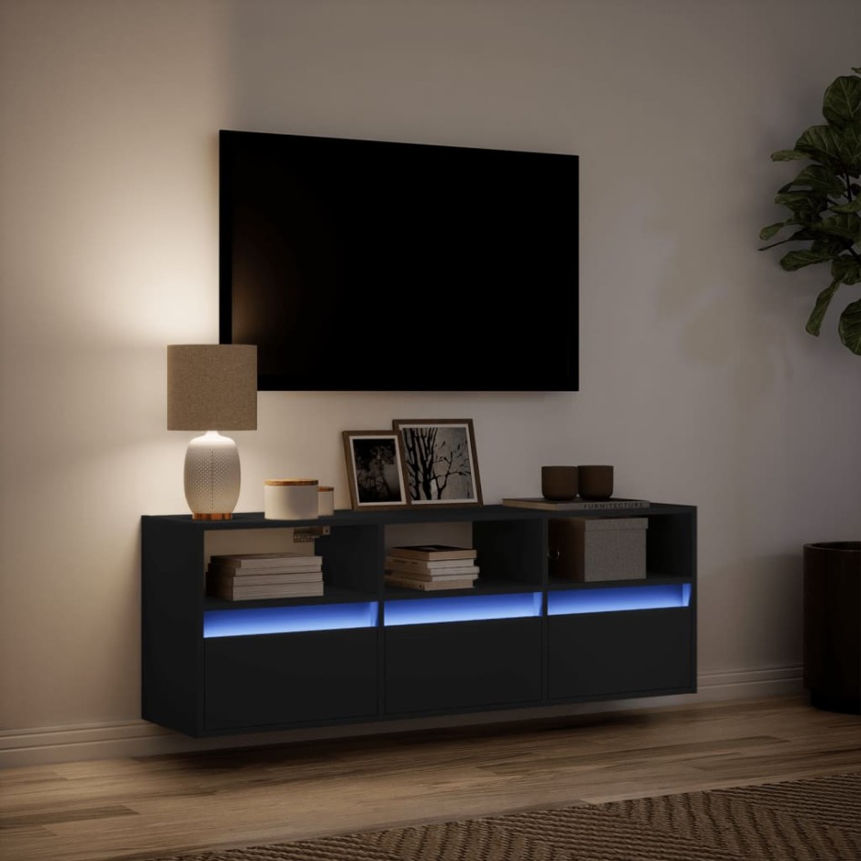 Mueble de TV de pared con luces LED negro 130x31x45