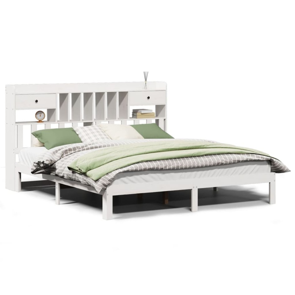 Cama con estantería sin colchón madera maciza blanca 180x200