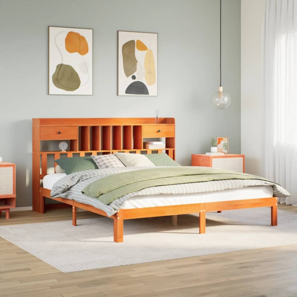 Cama con estantería sin colchón madera maciza marrón