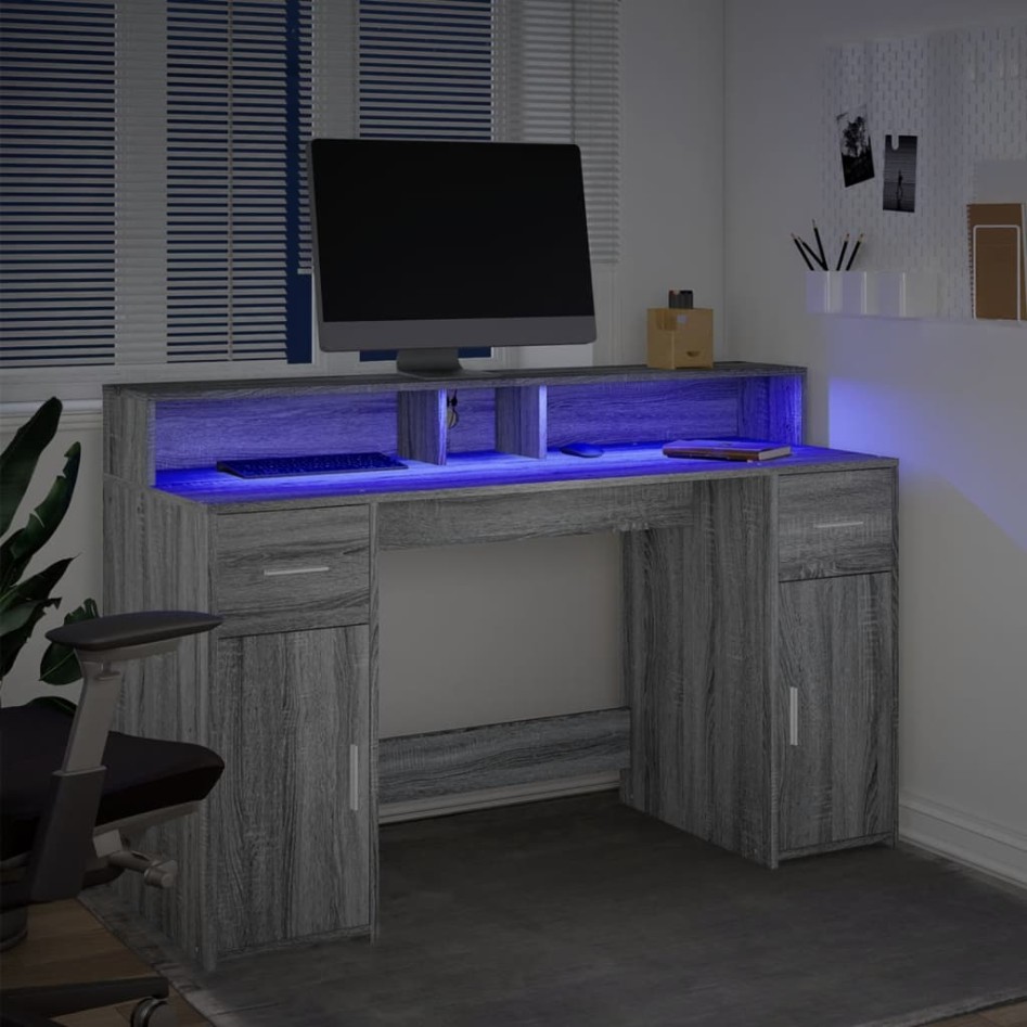 Escritorio con LED madera ingeniería gris sonoma 140x55x91