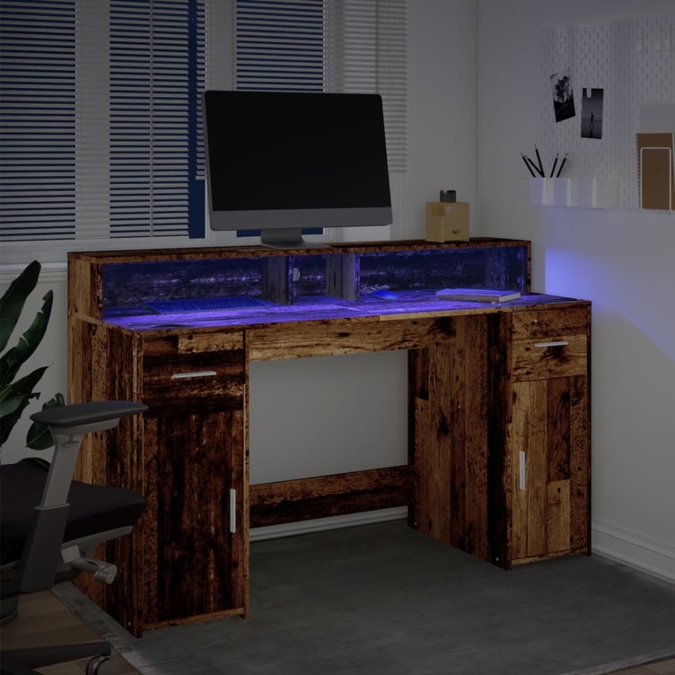 Escritorio con LED madera ingeniería envejecida 140x55x91