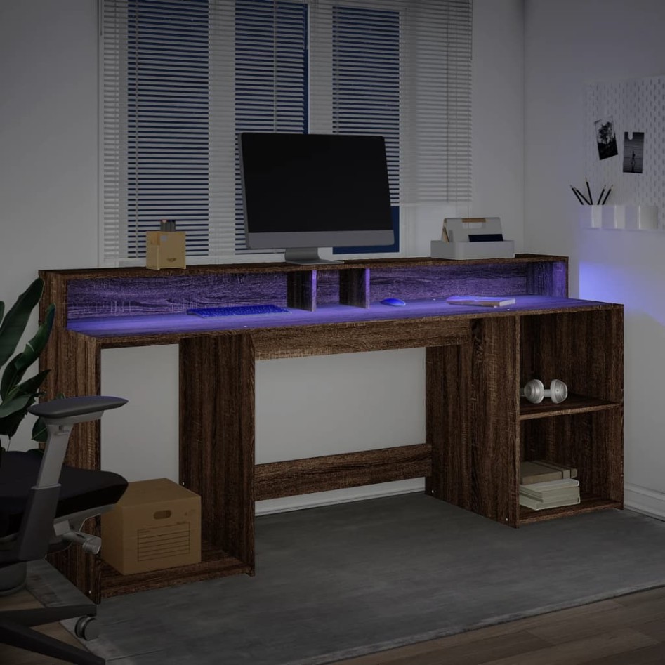 Escritorio con LED madera ingeniería marrón roble 200x55x91