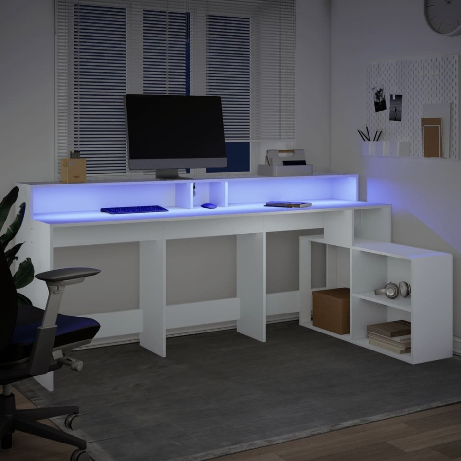 Escritorio con luz LED madera ingeniería blanco 200x104x91