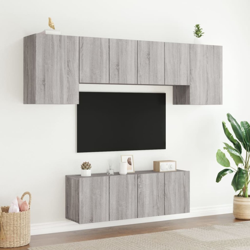 Muebles de TV de pared 6 pzas madera de ingeniería gris