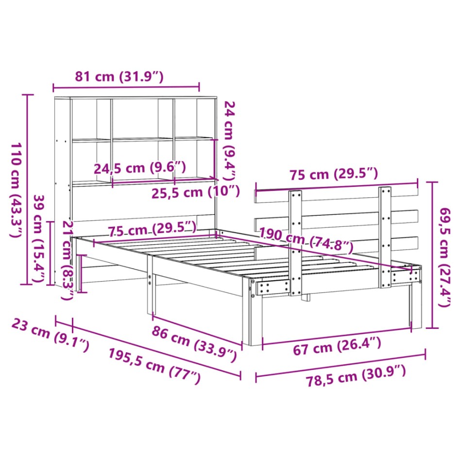 Cama con estantería sin colchón madera maciza marrón 75x190