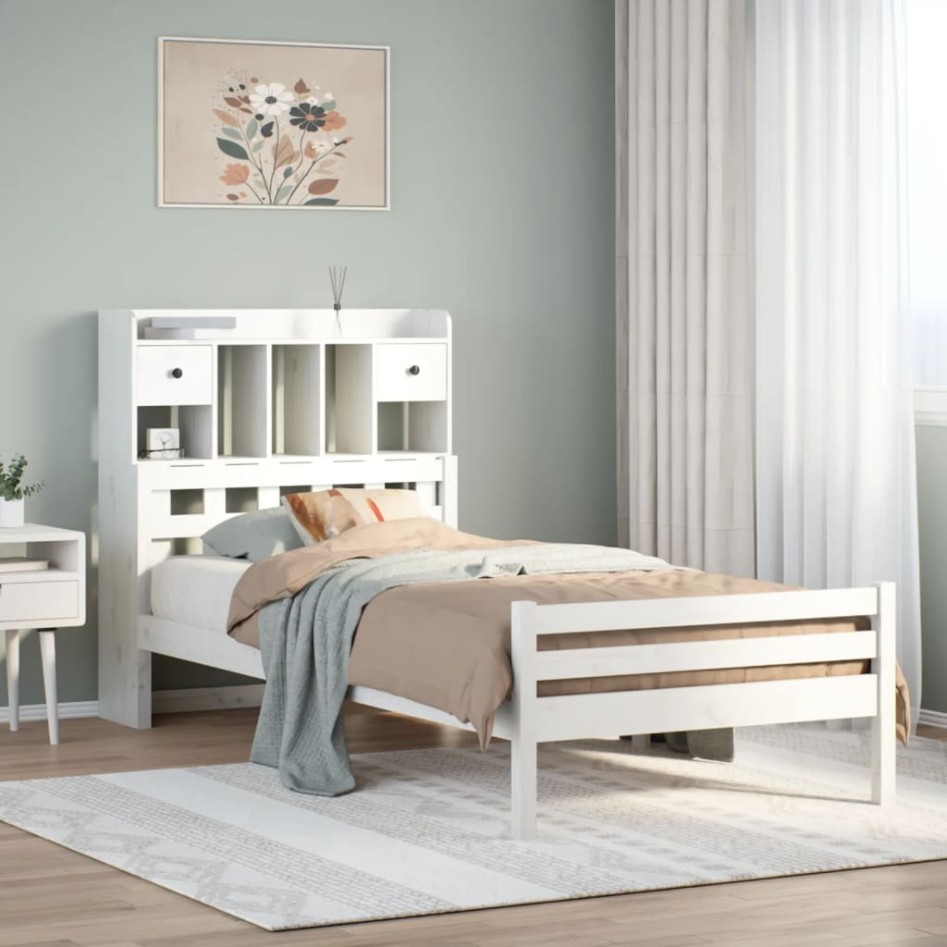 Cama con estantería sin colchón madera maciza blanca 100x200