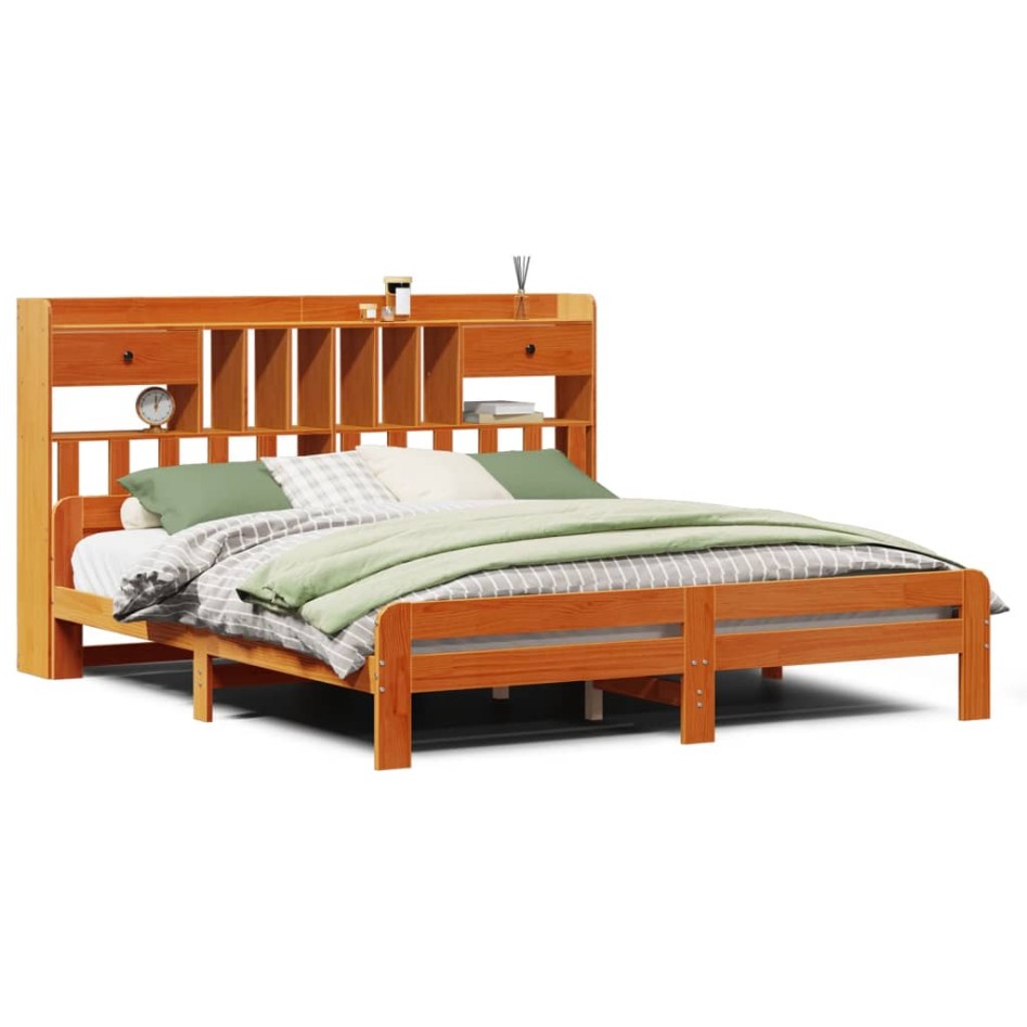 Cama con estantería sin colchón madera maciza marrón