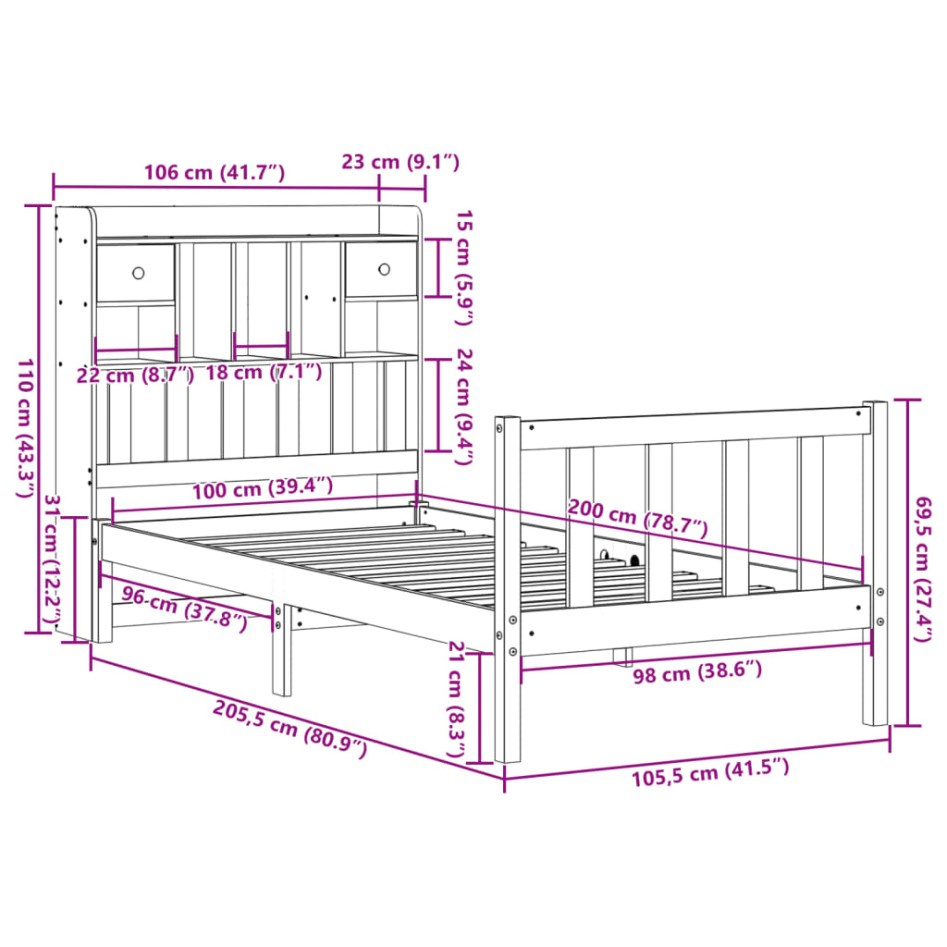 Cama con estantería sin colchón madera maciza de pino