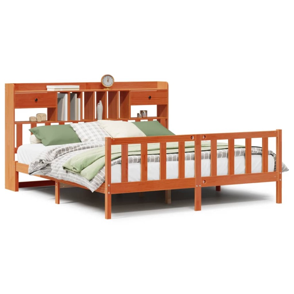 Cama con estantería sin colchón madera maciza marrón