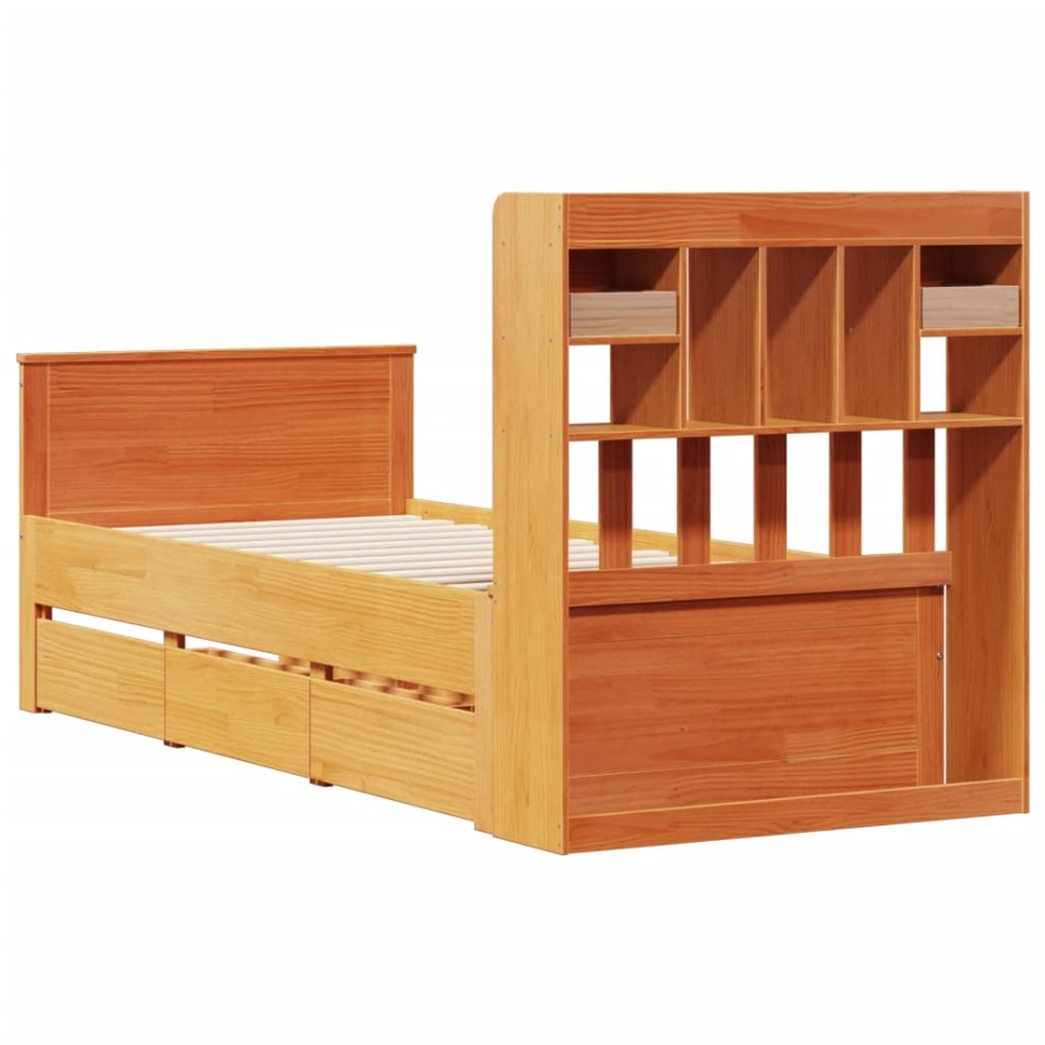 Cama con estantería sin colchón madera maciza marrón 75x190