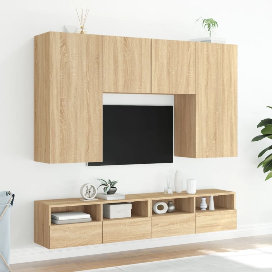 Muebles de TV de pared 5 pzas madera de ingeniería roble