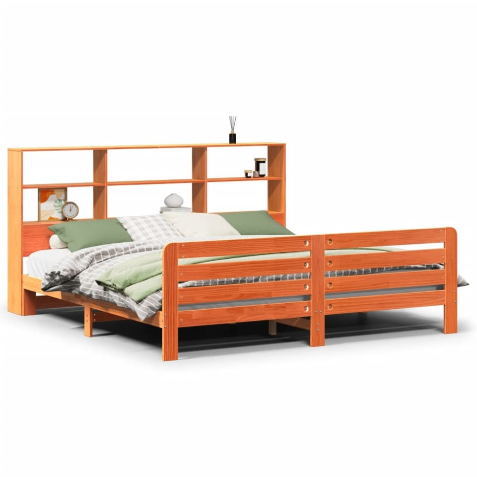 Cama sin colchón madera maciza de pino marrón cera 180x200