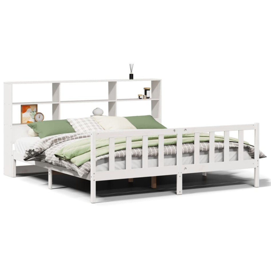 Cama con estantería sin colchón madera maciza blanca 200x200