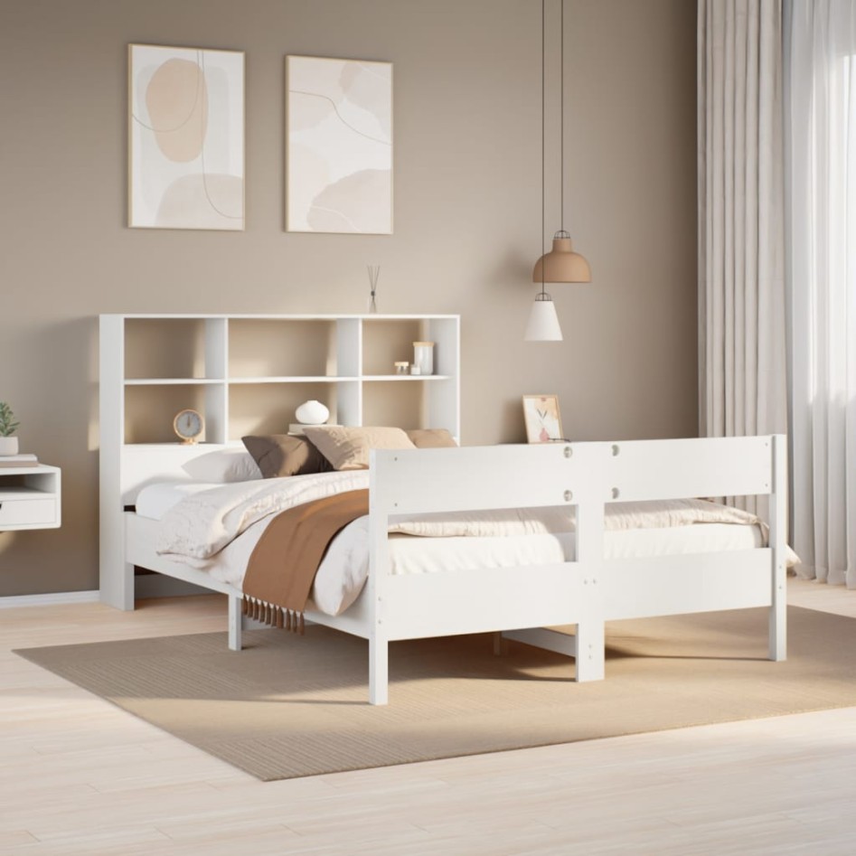 Cama con estantería sin colchón madera maciza blanca 150x200