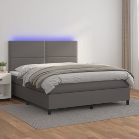 Cama box spring colchón y LED cuero sintético gris 140x190