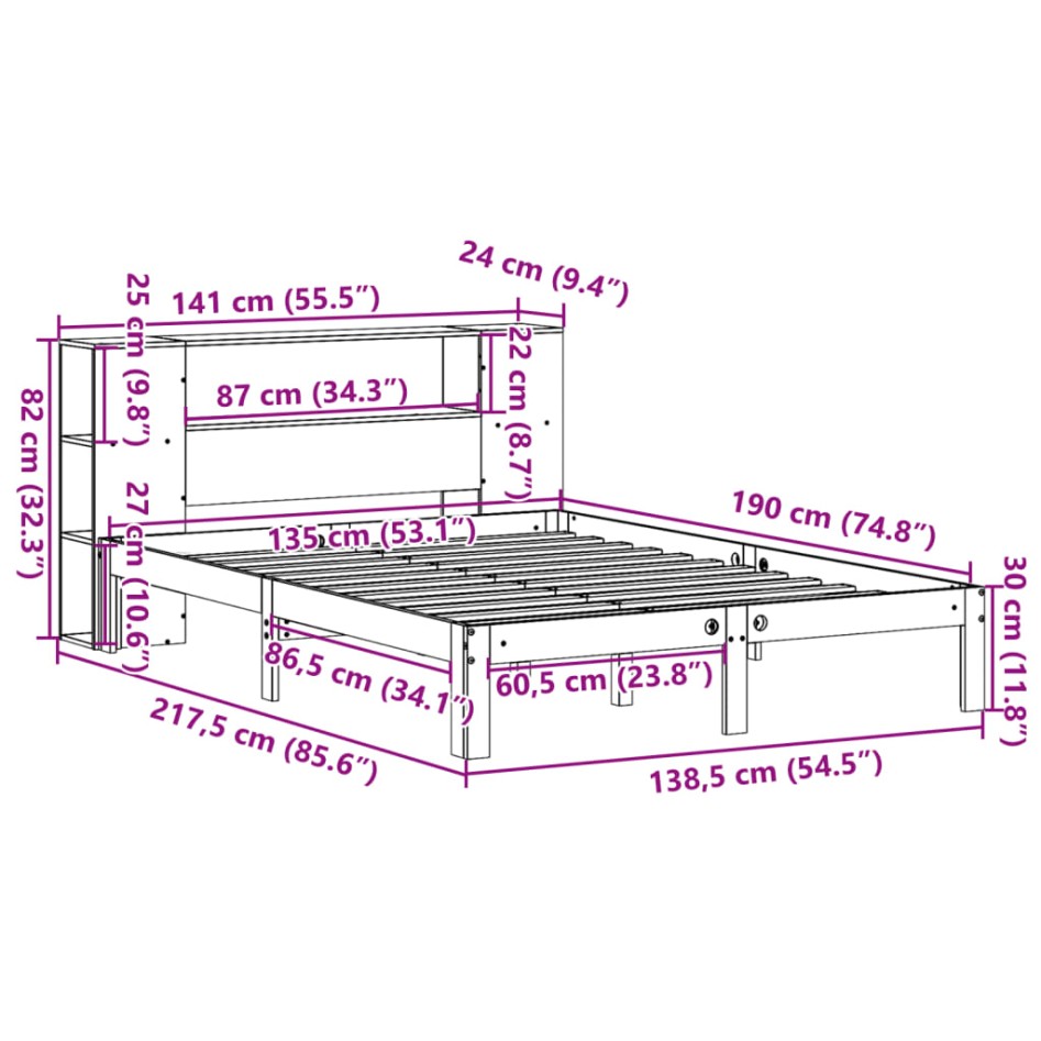 Cama con estantería sin colchón madera maciza marrón
