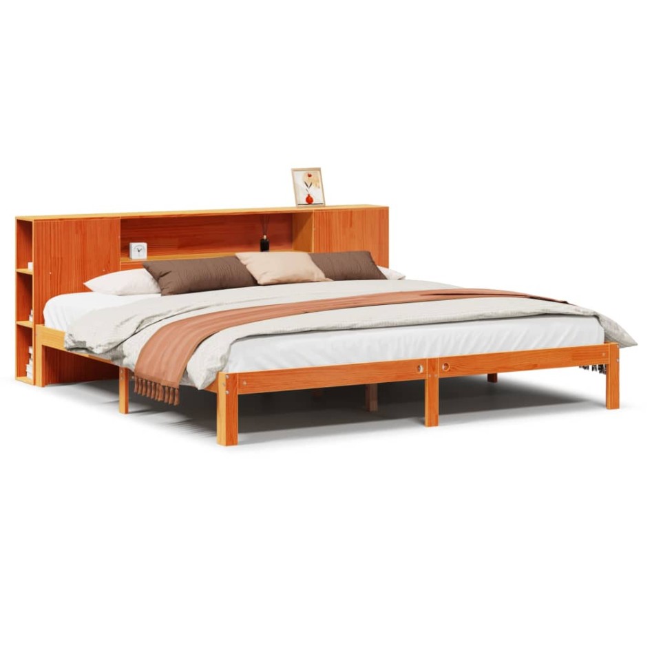 Cama con estantería sin colchón madera maciza marrón