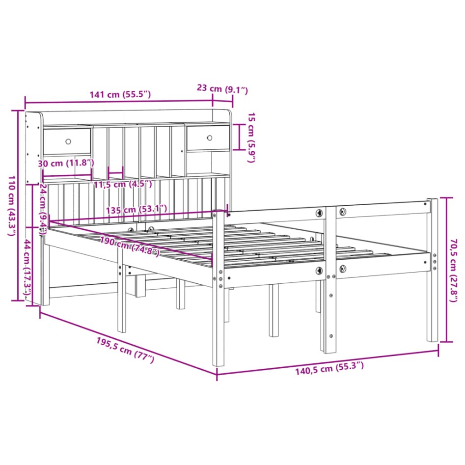 Cama con estantería sin colchón madera maciza marrón