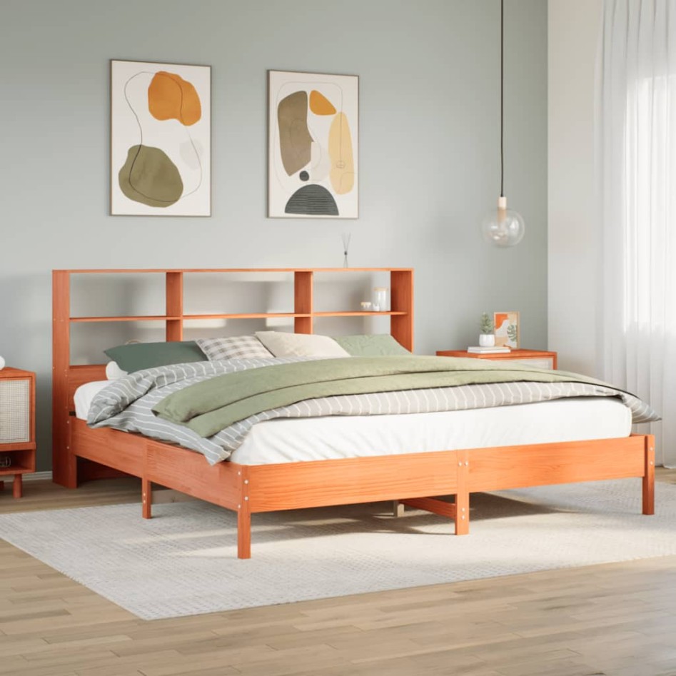 Cama con estantería sin colchón madera maciza marrón