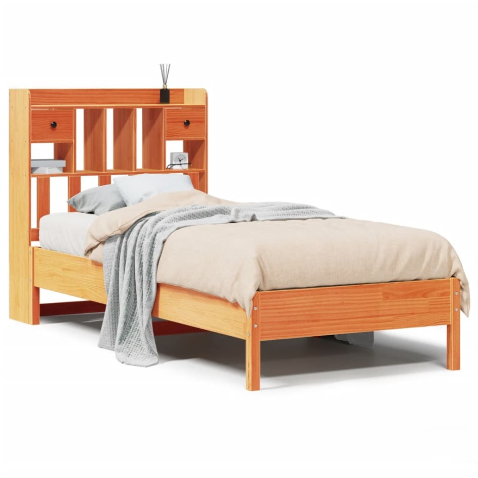 Cama con estantería sin colchón madera maciza marrón 90x190