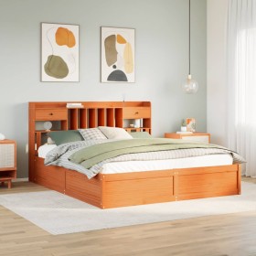 Cama sin colchón madera maciza de pino marrón cera 200x200