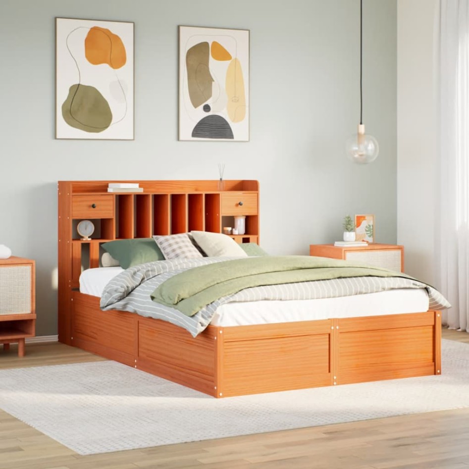 Cama sin colchón madera maciza de pino marrón cera 140x190