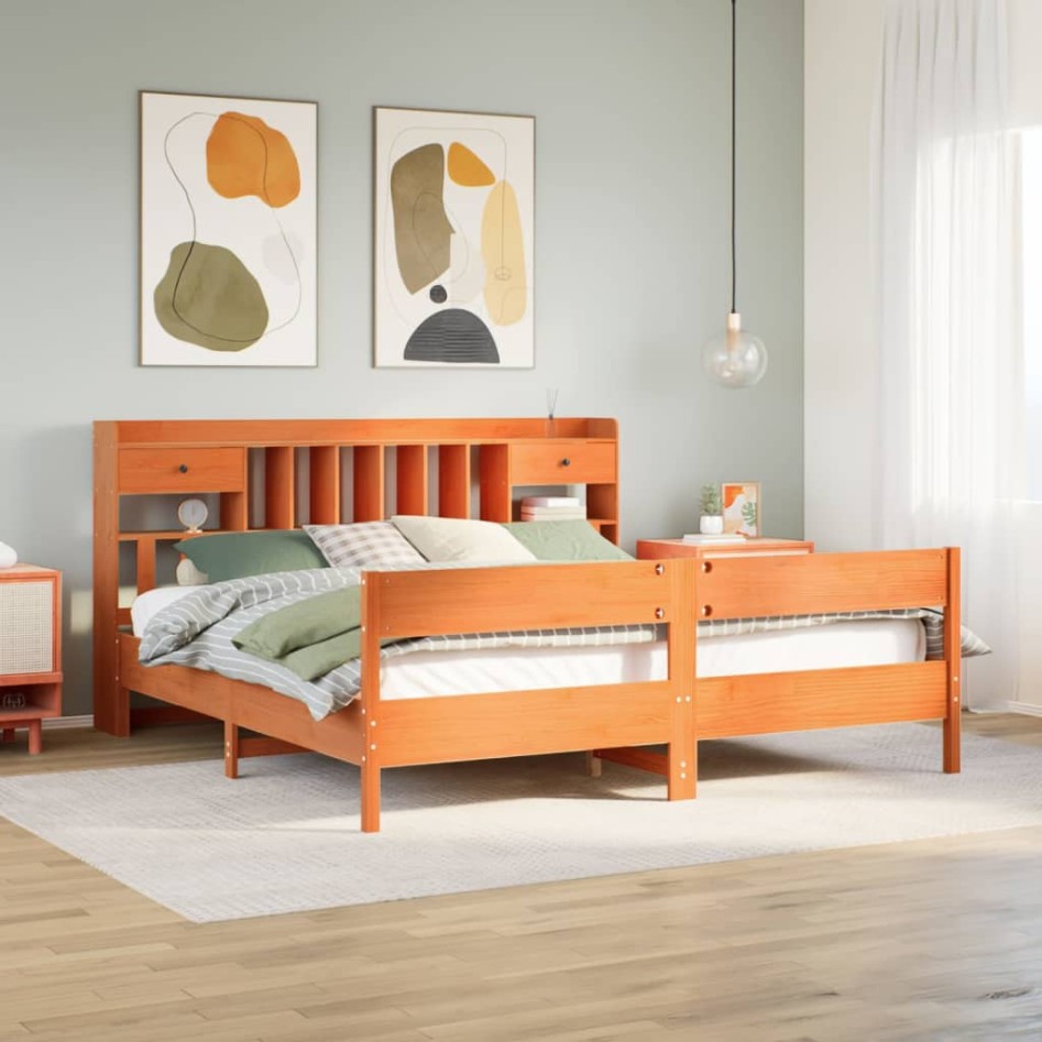 Cama con estantería sin colchón madera maciza marrón